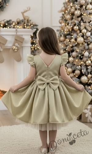Официална детска рокля с къс ръкав с брокат в златисто с тюл с панделка и фиба с панделка Балеа