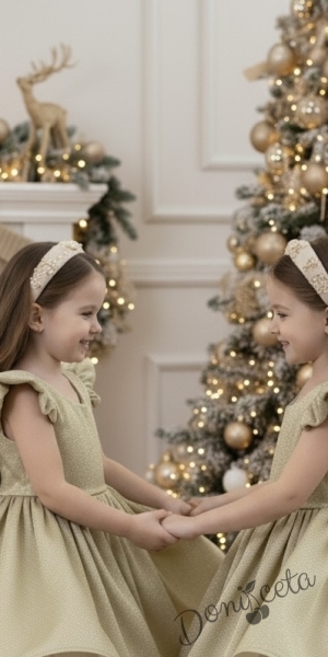 Официална детска рокля с къс ръкав с брокат в златисто с тюл с панделка и фиба с панделка Балеа