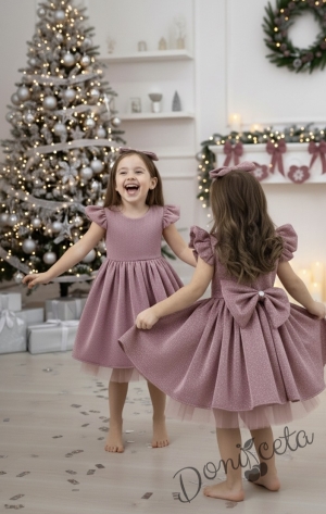 Официална детска рокля с къс ръкав с брокат в пепел от рози с тюл с панделка и фиба с панделка Балеа