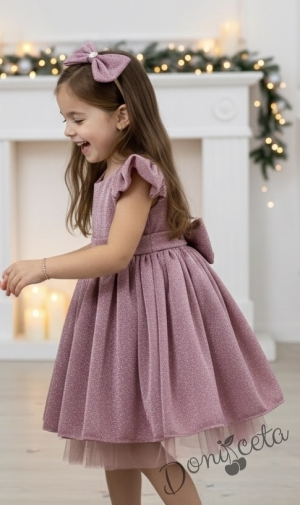 Официална детска рокля с къс ръкав с брокат в пепел от рози с тюл с панделка и фиба с панделка Балеа