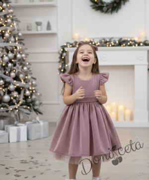 Официална детска рокля с къс ръкав с брокат в пепел от рози с тюл с панделка и фиба с панделка Балеа