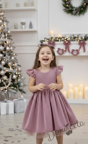 Официална детска рокля с къс ръкав с брокат в пепел от рози с тюл с панделка и фиба с панделка Балеа