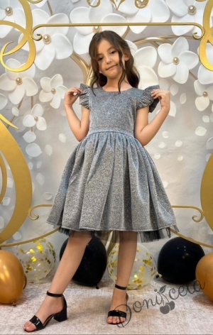 Официална детска рокля с къс ръкав с блясък Балеа в сребристо