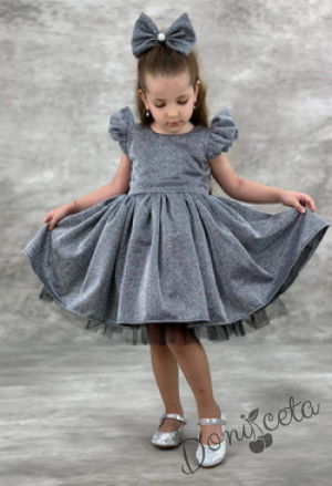 Официална детска рокля с къс ръкав с блясък Балеа в сребристо