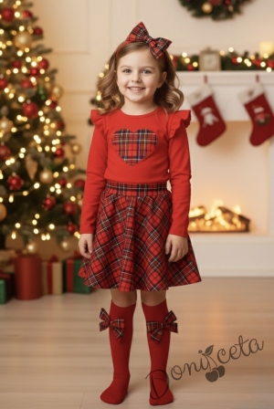 Комплект за момиче от 2 части-пола клош от трико Роси в каре и блуза с дълъг ръкав в червено със сърце в каре Карена