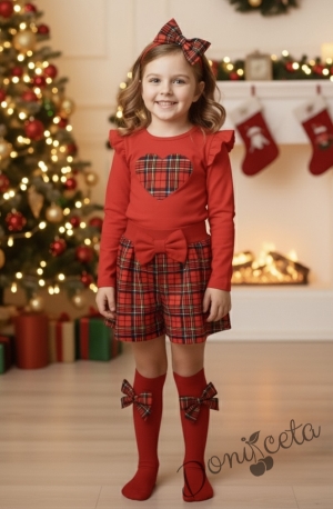 Комплект за момиче от 2 части-къси панталонки от трико Роси в каре и блуза с дълъг ръкав в червено със сърце в каре