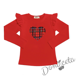 Комплект за момиче от 2 части-пола клош от трико Роси в каре и блуза с дълъг ръкав в червено със сърце в каре 3