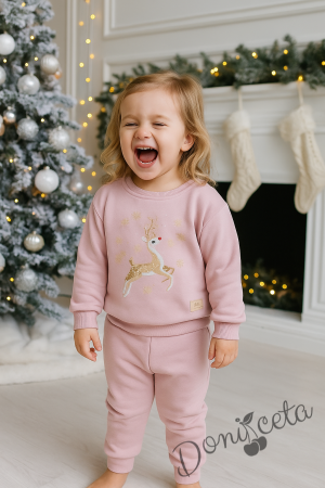 Детски коледен комплект за момиче от ватирана блуза със сладко еленче и панталонки в пепел от рози
