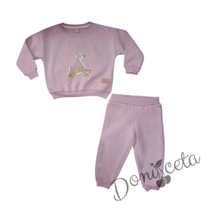 Детски коледен комплект за момиче от ватирана блуза със сладко еленче и панталонки в пепел от рози