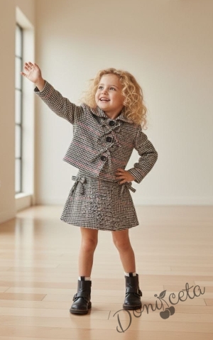 Комплект за момиче от 2 части-сако пепит и пола пепит с ефектни панделки