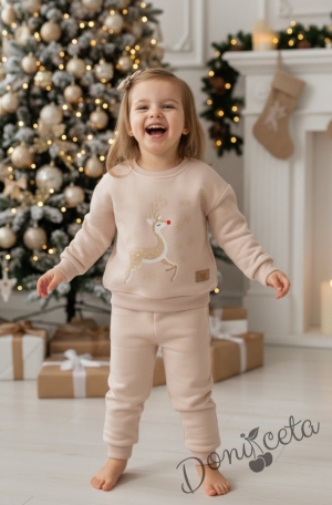 Детски коледен комплект за момиче от ватирана блуза със сладко еленче и панталонки в бежово