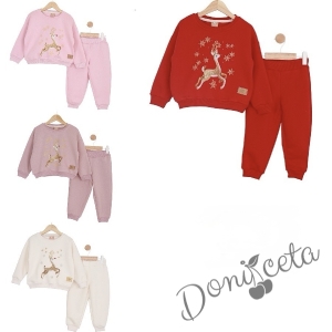 Детски коледен комплект за момиче от ватирана блуза със сладко еленче и панталонки в бежово