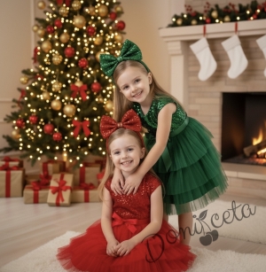 Детска официална рокля Хава в зелено от пайети и тюл на пластове