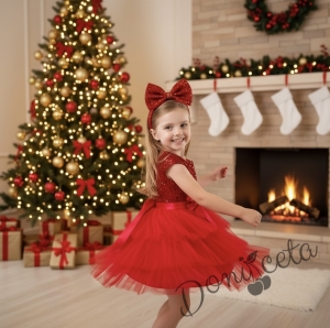 Официална коледна детска рокля Хава в червено с пайети и тюл на много пластове от колекция Червеника