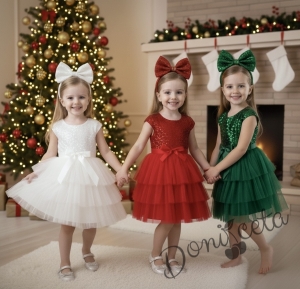 Официална коледна детска рокля Хава в червено с пайети и тюл на много пластове от колекция Червеника