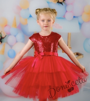 Официална коледна детска рокля Хава в червено с пайети и тюл на много пластове от колекция Червеника