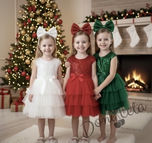 Детска празнична рокля Хава в бяло от пайети и тюл на пластове от колекция Снежина