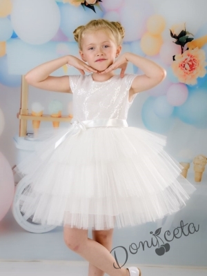 Детска празнична рокля Хава в бяло от пайети и тюл на пластове от колекция Снежина