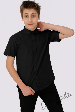  Детска официална изчистена риза за момче с къс ръкав в черно