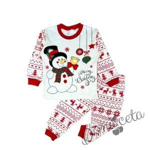 Бебешка пижама с дълъг ръкав в бяло с картинка на снежен човек и долнище с коледни мотиви