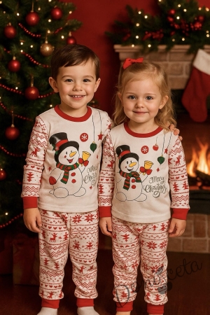 Бебешка пижама с дълъг ръкав в бяло с картинка на снежен човек и долнище с коледни мотиви