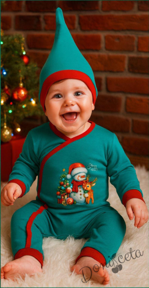 Бебешки коледен гащеризон в зелено с коледна картинка на снежен човек и елен и коледна шапка в зелено