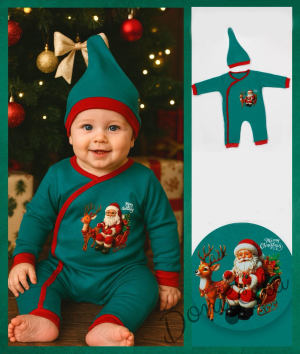 Бебешки коледен гащеризон в зелено с коледна картинка с Дядо Коледа и коледна шапка в зелено