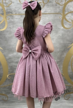 Официална детска рокля с къс ръкав с блясък в пепел от рози с тюл с панделка и фиба с панделка Балеа