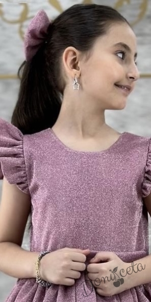 Официална детска рокля с къс ръкав с блясък в пепел от рози с тюл с панделка и фиба с панделка Балеа