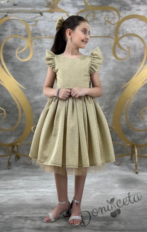 Официална детска рокля с къс ръкав с брокат в златисто с тюл с панделка и фиба с панделка Балеа
