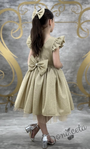 Официална детска рокля с къс ръкав с брокат в златисто с тюл с панделка и фиба с панделка Балеа