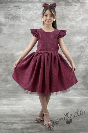 Официална детска рокля с къс ръкав с блясък Балеа в малина