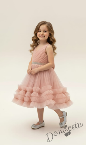 Официална детска/бебешка рокля в прасковено с тюл и панделка Тиана