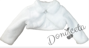 Детско пухкаво болеро в бяло с якичка и с брошка за закопчаване