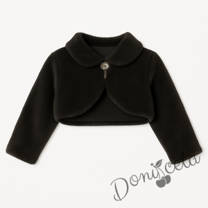 Детско пухкаво болеро в черно с якичка и с брошка за закопчаване