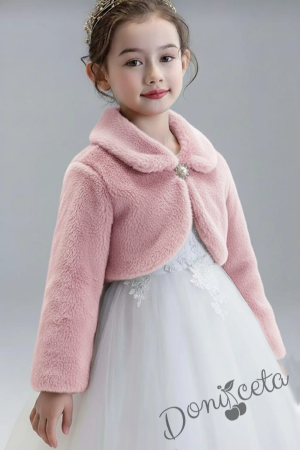 Детско пухкаво болеро в пепел от рози с якичка и с брошка за закопчаване