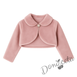 Детско пухкаво болеро в пепел от рози с якичка и с брошка за закопчаване