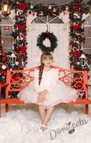 Официална детска рокля с дълъг ръкав в бяло с пайети Людмила за снежинка с фиба за коса от колекция Снежина