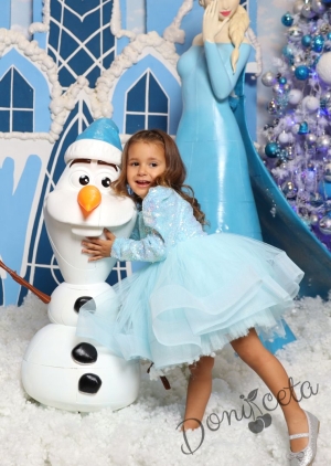 Официална детска празнична рокля с дълъг ръкав в светлосиньо с пайети Людмила от колекция Светлосияна