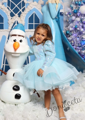 Официална детска празнична рокля с дълъг ръкав в светлосиньо с пайети Людмила от колекция Светлосияна