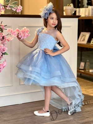 Официална детска рокля в светлосиньо от дантела без ръкав със шлейф Шантал с аксесоар за коса 1