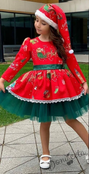 Коледна детска рокля с дълъг ръкав в червено с коледни мотиви и панделка, тюл в зелено и коледна шапка