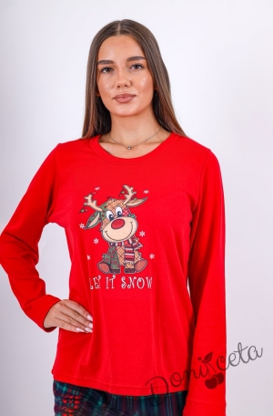 Детска или дамска коледна пижама  в червено с весело еленче и надпис