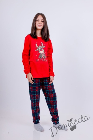 Детска или дамска коледна пижама  в червено с весело еленче и надпис