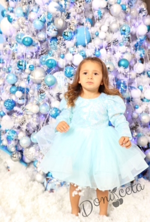 Официална детска празнична рокля с дълъг ръкав в светлосиньо с пайети Людмила от колекция Светлосияна