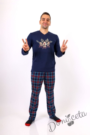 Мъжка коледна пижама в тъмносиньо с весели еленчета и надпис