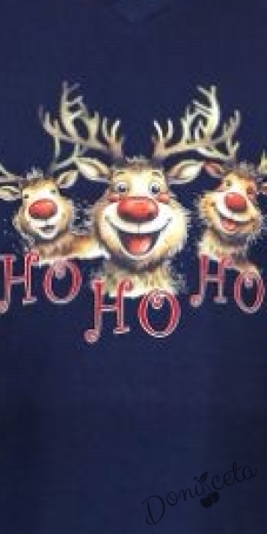 Мъжка коледна пижама в тъмносиньо с весели еленчета и надпис