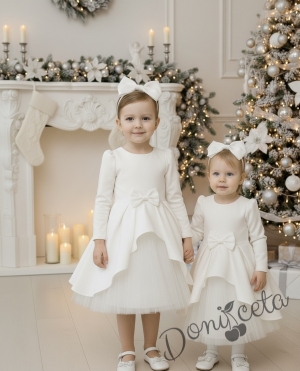  Официална детска рокля от плат Мариска с дълъг ръкав в бяло и тюл 