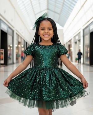 Детска коледна рокля в зелено с пайети Силия, тюл в зелено и фиба за коса