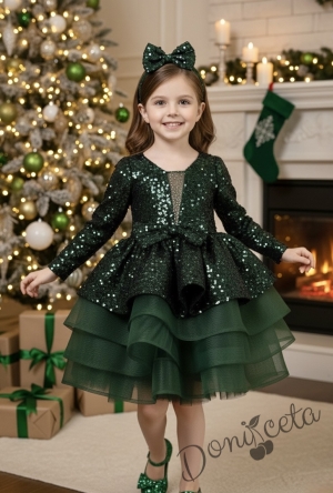 Официална детска рокля с дълъг ръкав в зелено с дълъг ръкав с пайети и тюл и фиба за коса Селина